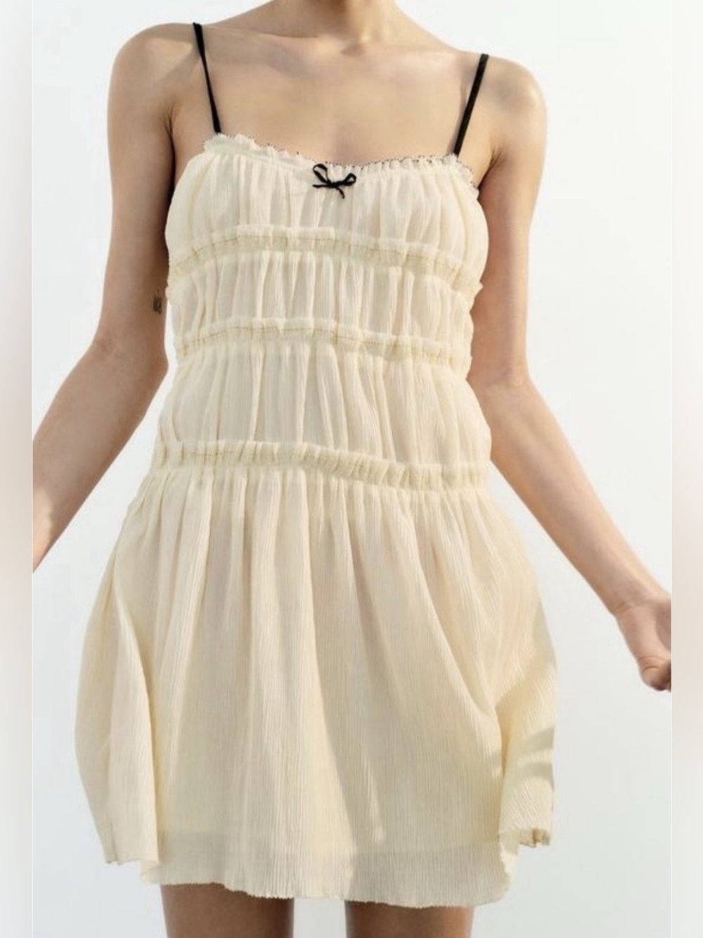 Zara Little Bow Textured Dress - Ecru Chiffon Tiered Mini Dress